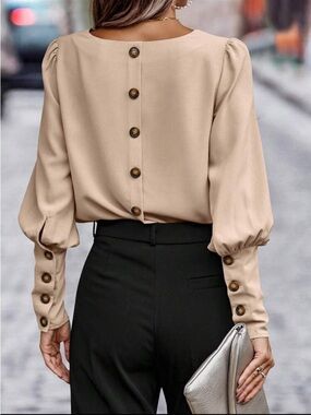 Elegant Beige Button-Back Puff Sleeve Blouse